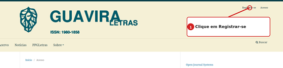 Página inicial da revista com indicação do link Registrar-se