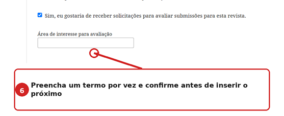 Opção para atuar como avaliador e campo Área de interesse para avaliação