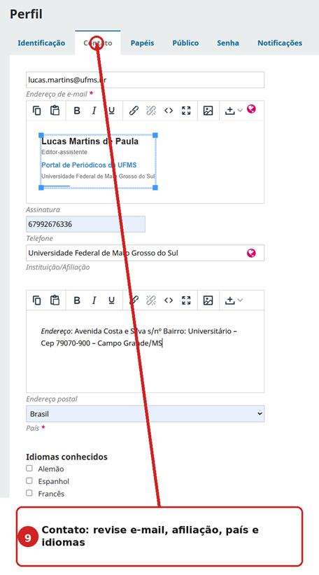 Aba Contato do perfil no OJS