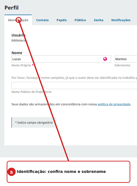 Aba Identificação do perfil no OJS