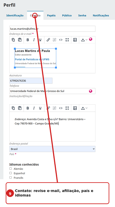 Aba Contato do perfil no OJS