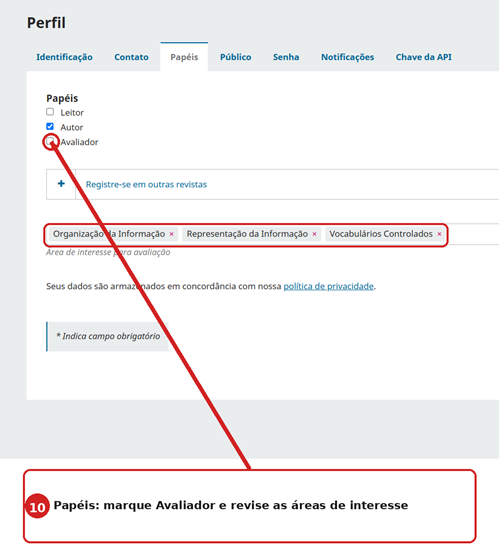 Aba Papéis com opção Avaliador e áreas de interesse